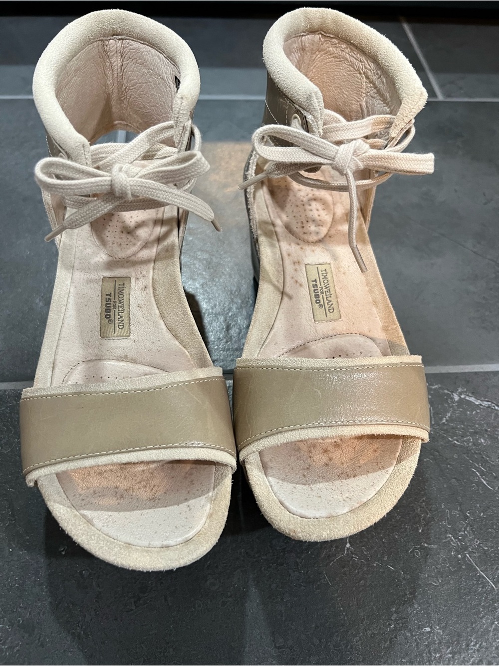Tsubo Neutral Beige Leather & Suede Ankle-Tie Platforms - Picture 3 of 10